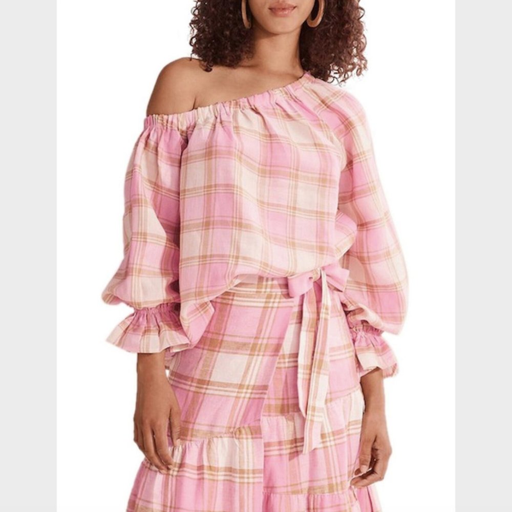 Country Road Pink Check Print Ramie Blouse Top Size 8 Asymmetric Textured Womens - Picture 4 of 13